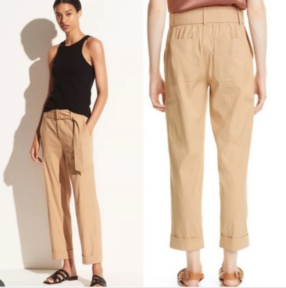 Vince Linen Blend Crop Pants Straight Leg Khaki Casual Size M - Picture 2 of 12